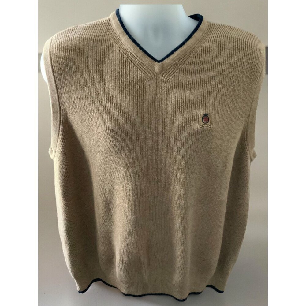 Tommy Hilfiger Sweater Vest Tan Navy Trim Cotton VNeck Casual Rib Knit Mens XL - Picture 6 of 8